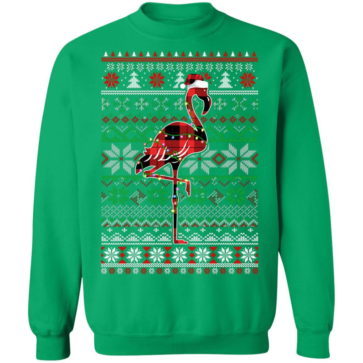 Red Plaid Buffalo Flamingo Pajamas Christmas Sweater-T-Shirt & Sweatshirt-Crewneck Sweatshirt-Irish Green