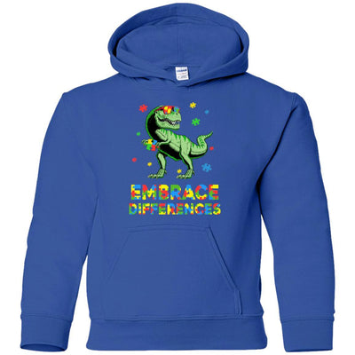 Dinosaur Puzzle Autism Awareness Embrace Differences Youth-Youth Shirt-Youth Pullover Hoodie-Royal