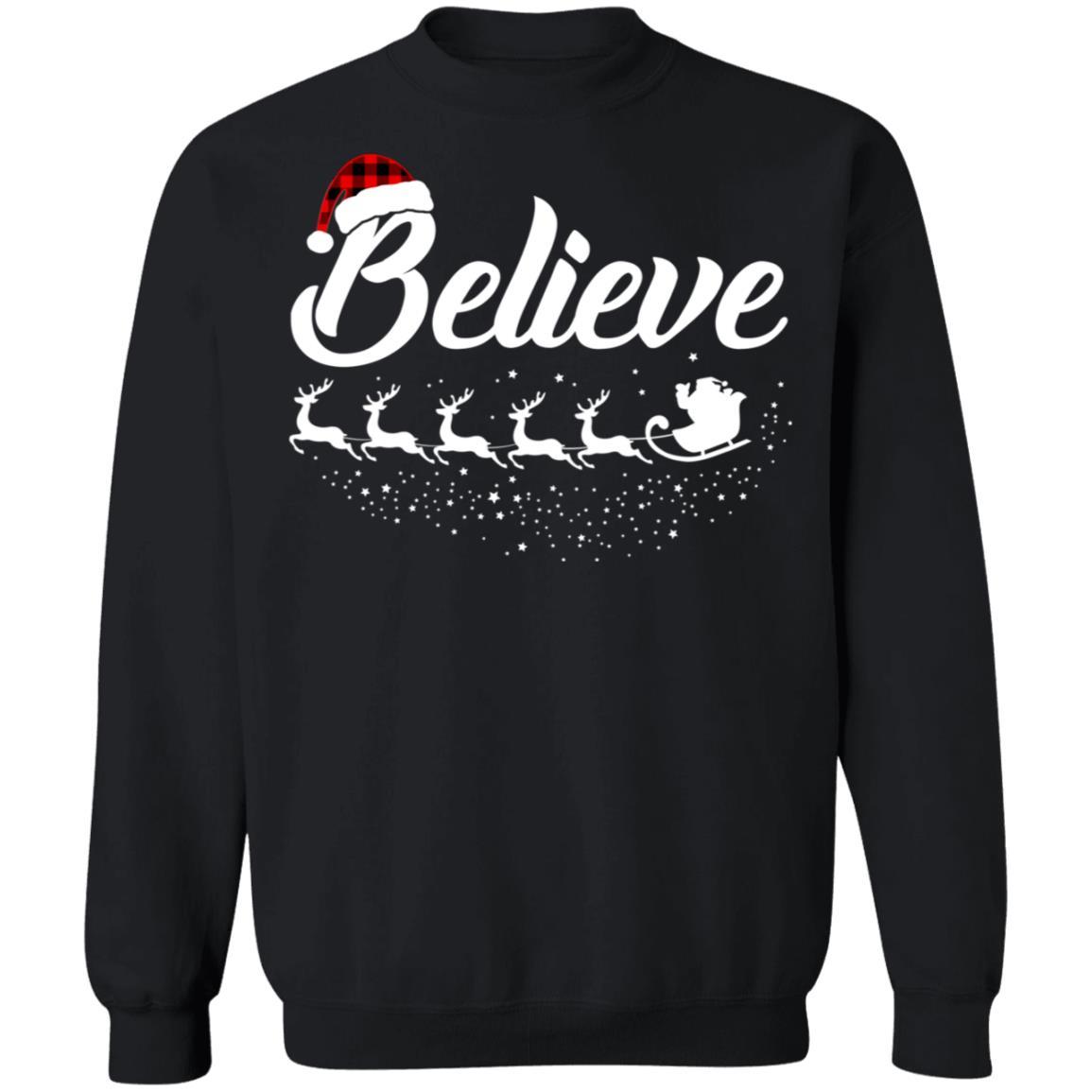 Believe Christmas Gifts Santa Hat Buffalo Plaid-T-Shirt & Sweatshirt-Crewneck Sweatshirt-Black