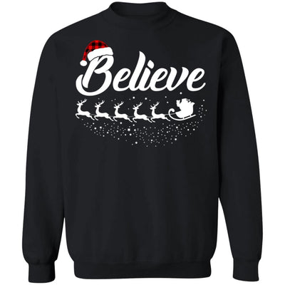Believe Christmas Gifts Santa Hat Buffalo Plaid-T-Shirt & Sweatshirt-Crewneck Sweatshirt-Black