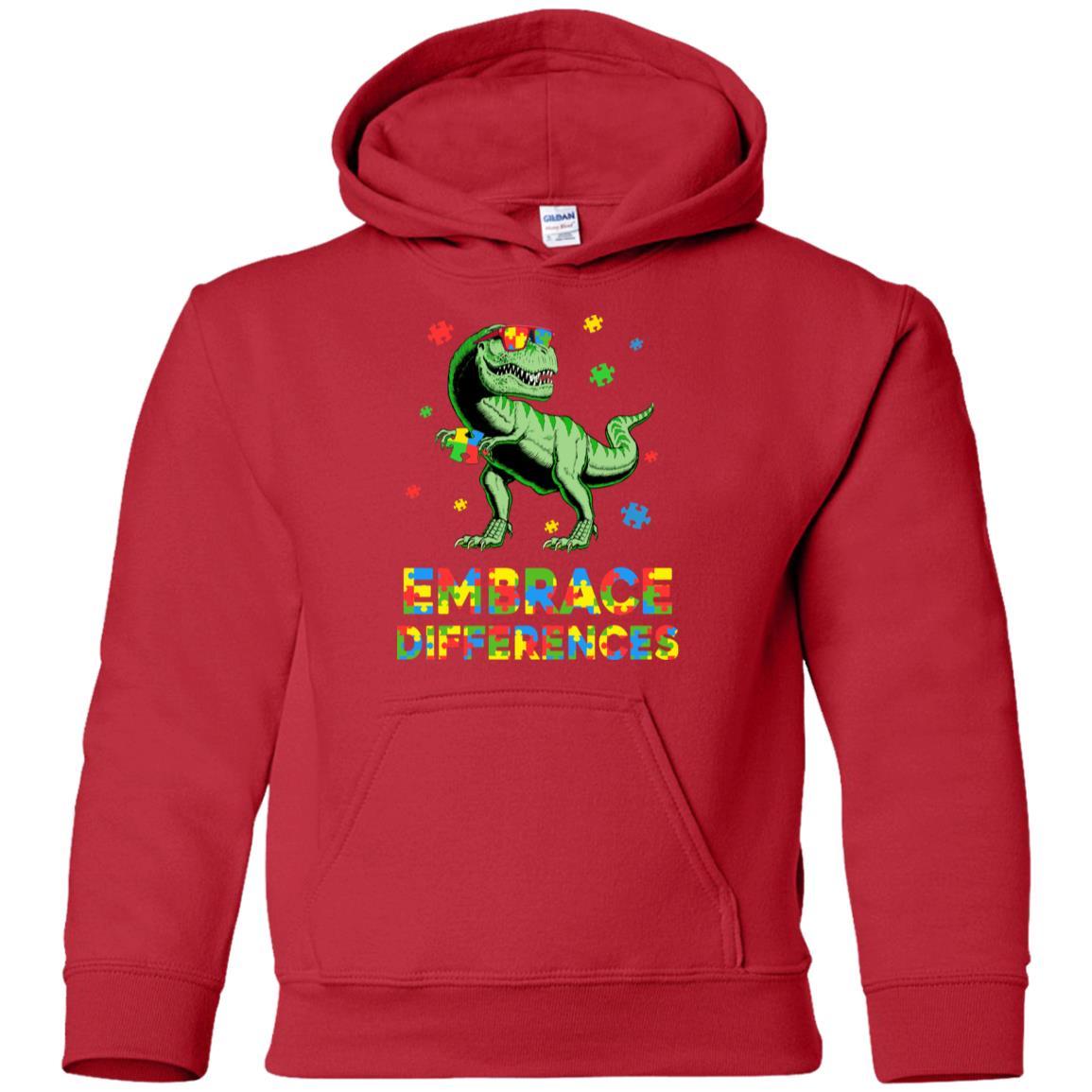 Dinosaur Puzzle Autism Awareness Embrace Differences Youth-Youth Shirt-Youth Pullover Hoodie-Red