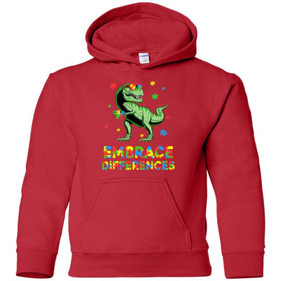 Dinosaur Puzzle Autism Awareness Embrace Differences Youth-Youth Shirt-Youth Pullover Hoodie-Red