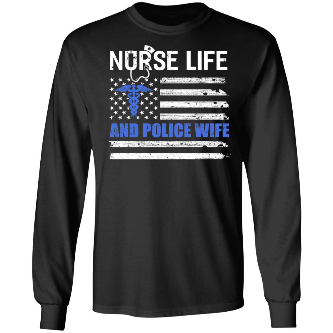 Nurse Life And Police Wife American Flag Vintage Women Gift-T-Shirt & Hoodie-Long Sleeve T-Shirt-Black