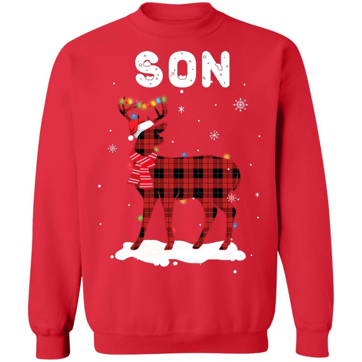 Son Deer Red Plaid Christmas Family Matching Pajamas-T-Shirt & Sweatshirt-Crewneck Sweatshirt-Red