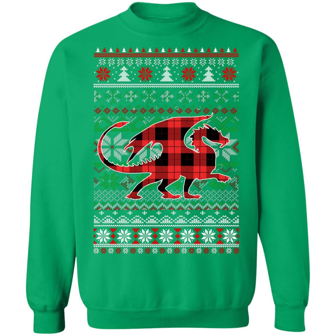 Dragon Red Plaid Ugly Christmas Sweater Funny Gifts-T-Shirt & Sweatshirt-Crewneck Sweatshirt-Irish Green
