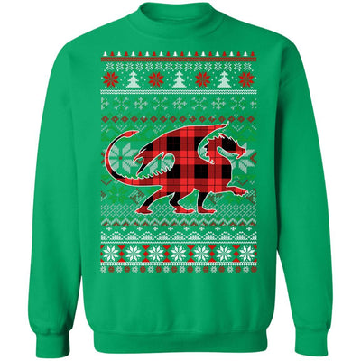 Dragon Red Plaid Ugly Christmas Sweater Funny Gifts-T-Shirt & Sweatshirt-Crewneck Sweatshirt-Irish Green