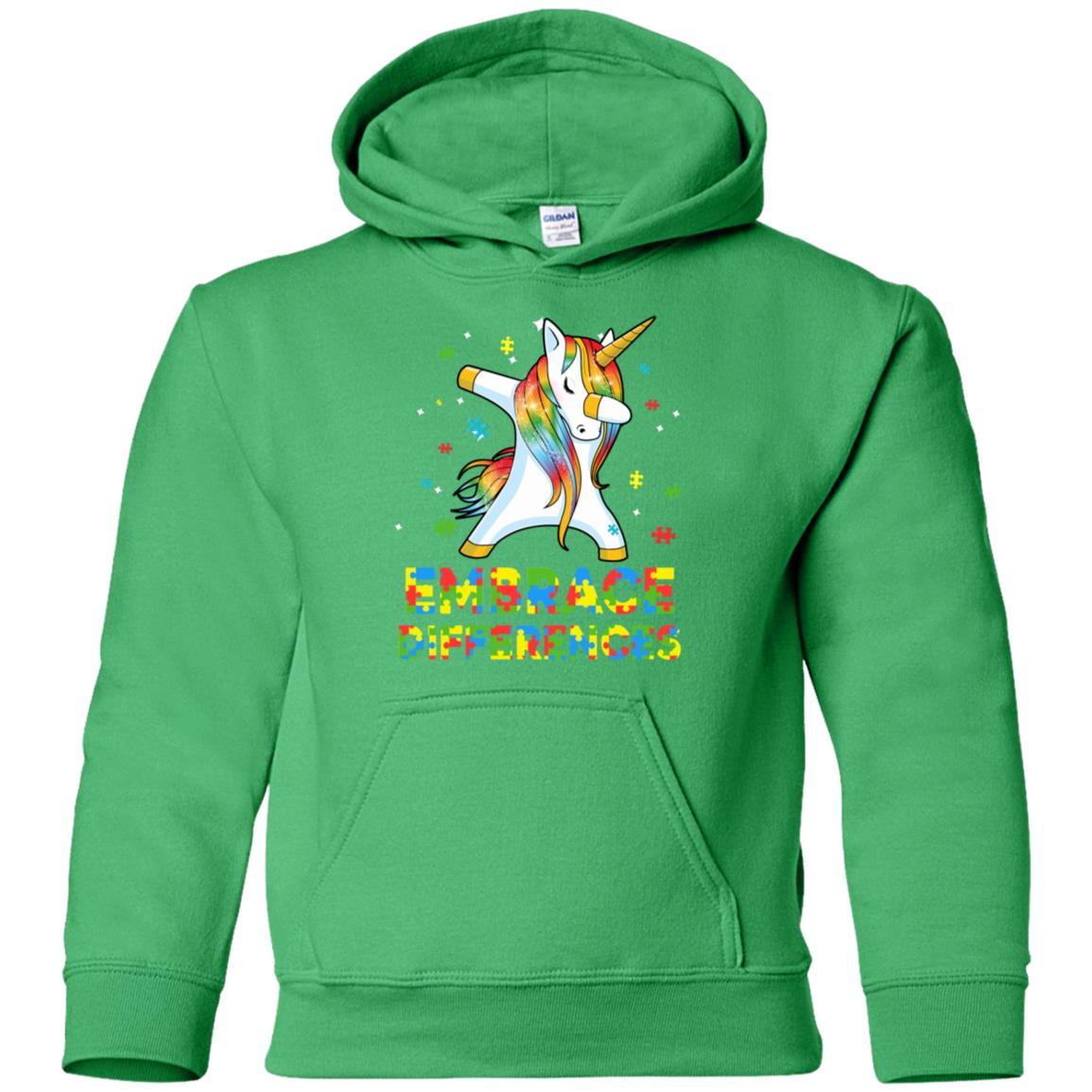Dabbing Unicorn Autism Awareness Embrace Differences Youth-Youth Shirt-Youth Pullover Hoodie-Irish Green