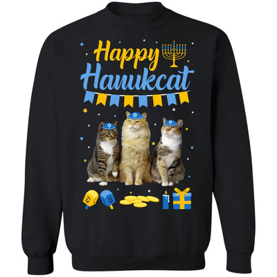 Jewish Hanukkah Cat Happy Hanukcat Christmas Gift-T-Shirt & Sweatshirt-Crewneck Sweatshirt-Black