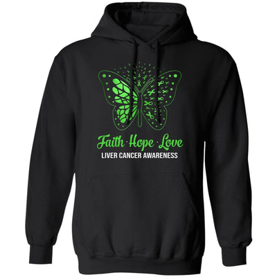 Faith Hope Love Green Butterfly Liver Cancer Awareness-T-Shirt & Hoodie-Pullover Hoodie-Black