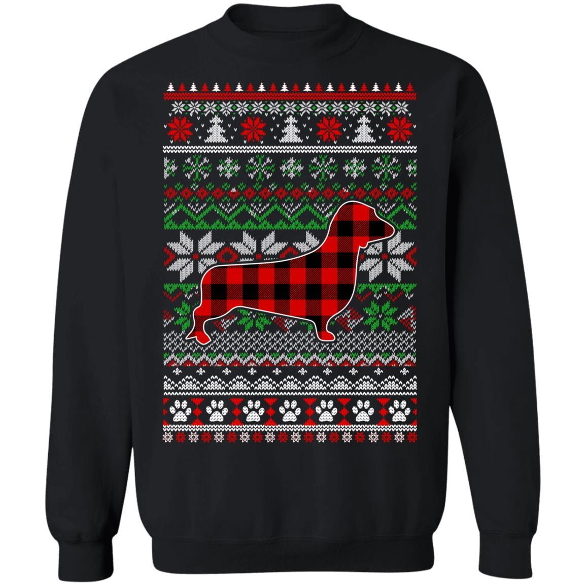 Dachshund Red Plaid Ugly Christmas Sweater Gifts-T-Shirt & Sweatshirt-Crewneck Sweatshirt-Black