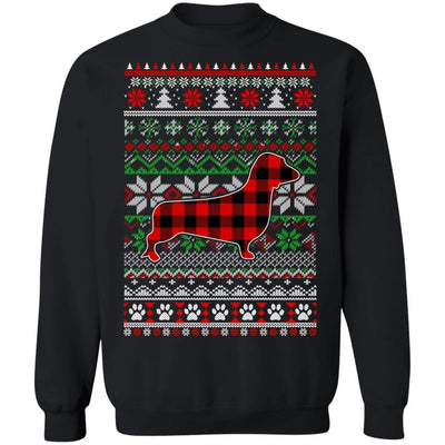 Dachshund Red Plaid Ugly Christmas Sweater Gifts-T-Shirt & Sweatshirt-Crewneck Sweatshirt-Black
