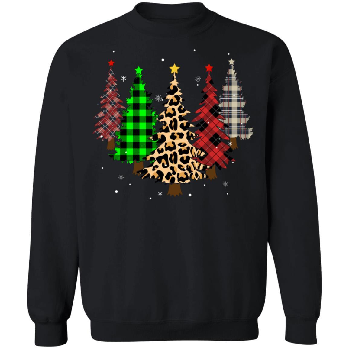 Merry Christmas Tree Leopard Buffalo Plaid Xmas Gifts-T-Shirt & Sweatshirt-Crewneck Sweatshirt-Black