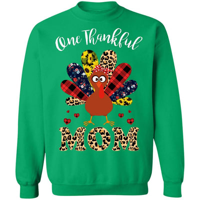 One Thankful Mom Leopard Turkey Thanksgiving Gift-T-Shirt & Sweatshirt-Crewneck Sweatshirt-Irish Green