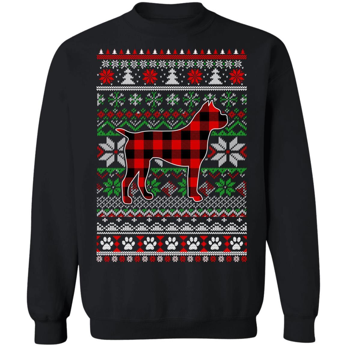 Boxer Red Plaid Ugly Christmas Sweater Gifts-T-Shirt & Sweatshirt-Crewneck Sweatshirt-Black