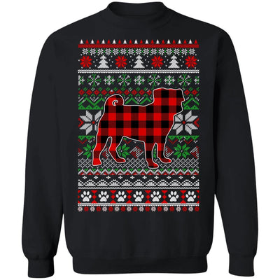 Pug Red Plaid Ugly Christmas Sweater Gifts-T-Shirt & Sweatshirt-Crewneck Sweatshirt-Black