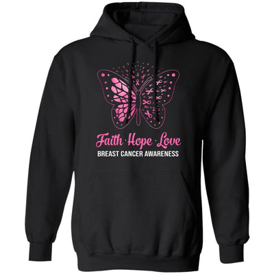 Faith Hope Love Pink Butterfly Breast Cancer Awareness-T-Shirt & Hoodie-Pullover Hoodie-Black