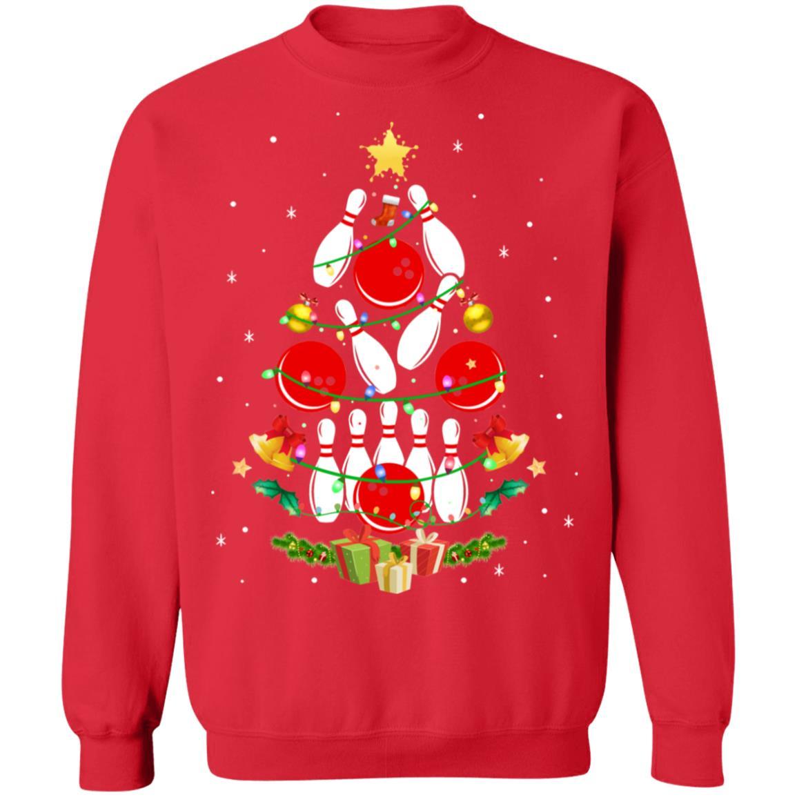 Funny Bowling Christmas Tree Light Xmas Gift-T-Shirt & Sweatshirt-Crewneck Sweatshirt-Red
