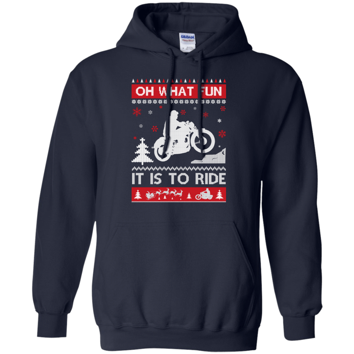 Motorcycle Sweater Christmas Oh What Fun It Is To Ride-T-Shirt & Hoodie-Pullover Hoodie-Navy