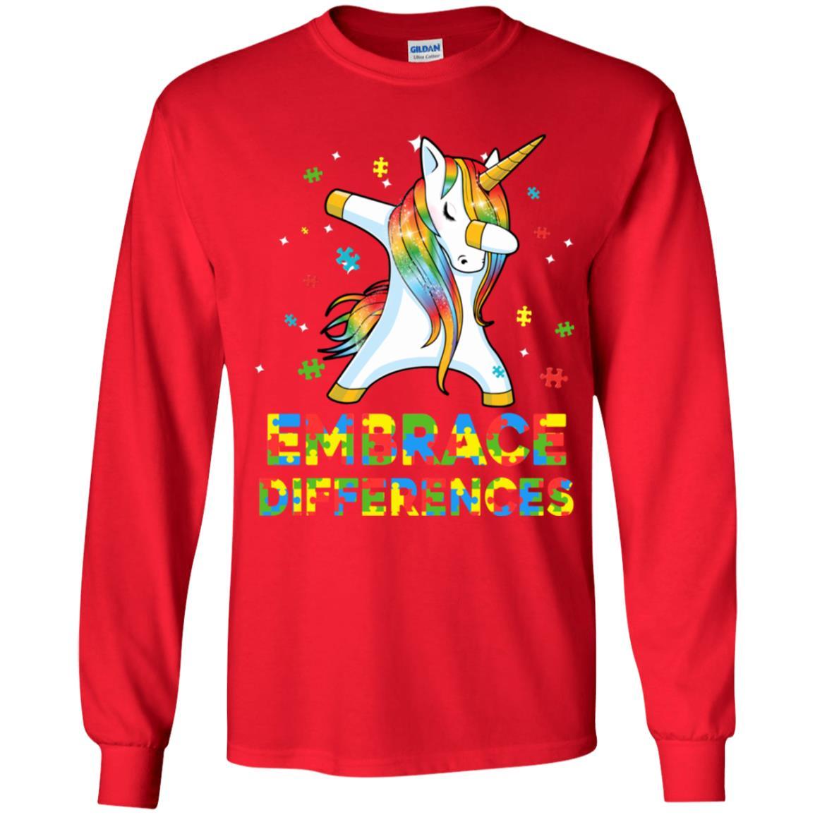 Dabbing Unicorn Autism Awareness Embrace Differences Youth-Youth Shirt-Youth Long Sleeve T-Shirt-Red