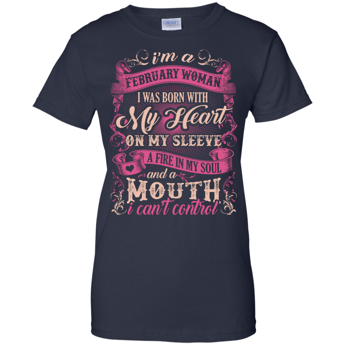 I Am A February Woman I Was Born With My Heart On My Sleeve-T-Shirt & Hoodie-Women's T-Shirt-Navy