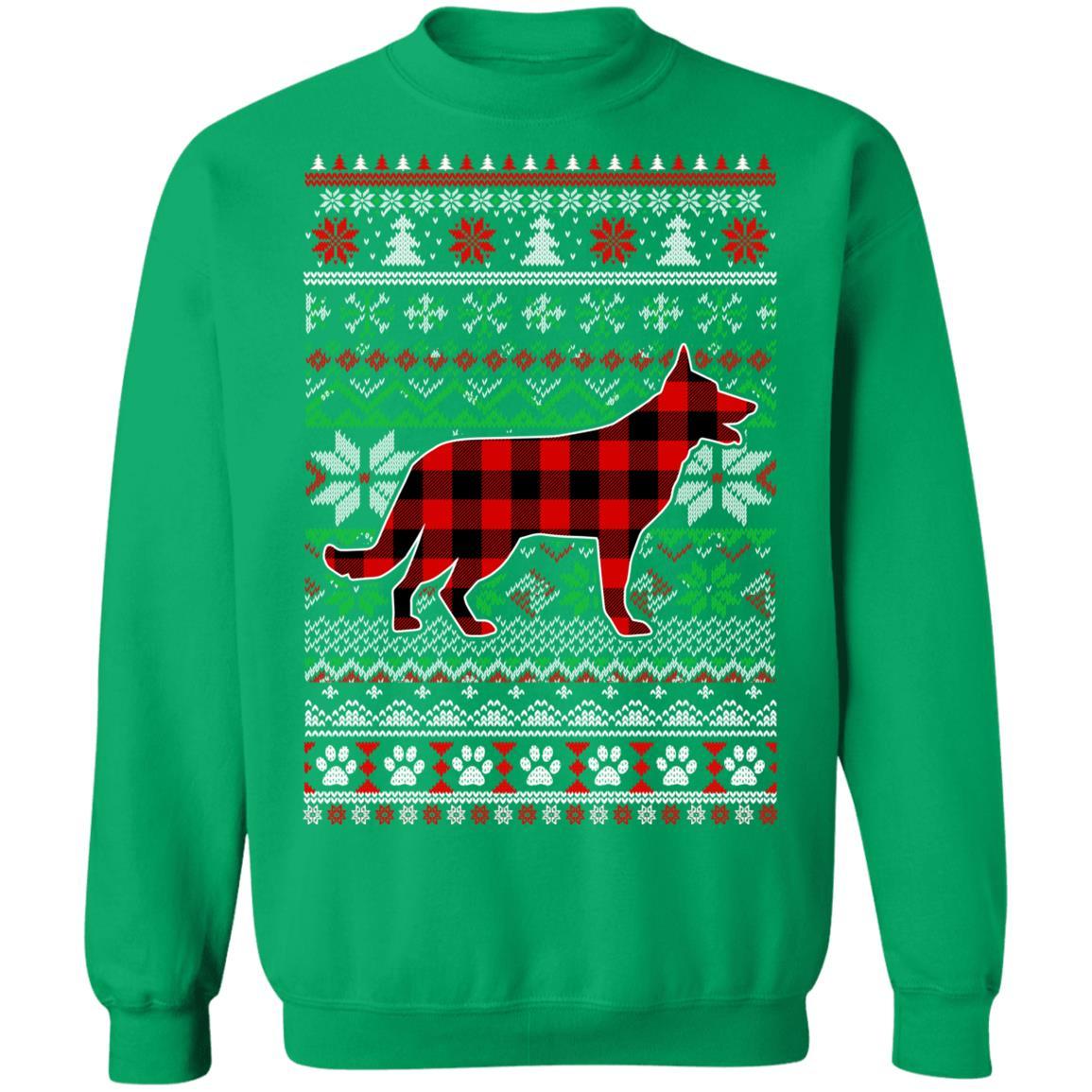 German Shepherd Red Plaid Ugly Christmas Sweater Gifts-T-Shirt & Sweatshirt-Crewneck Sweatshirt-Irish Green
