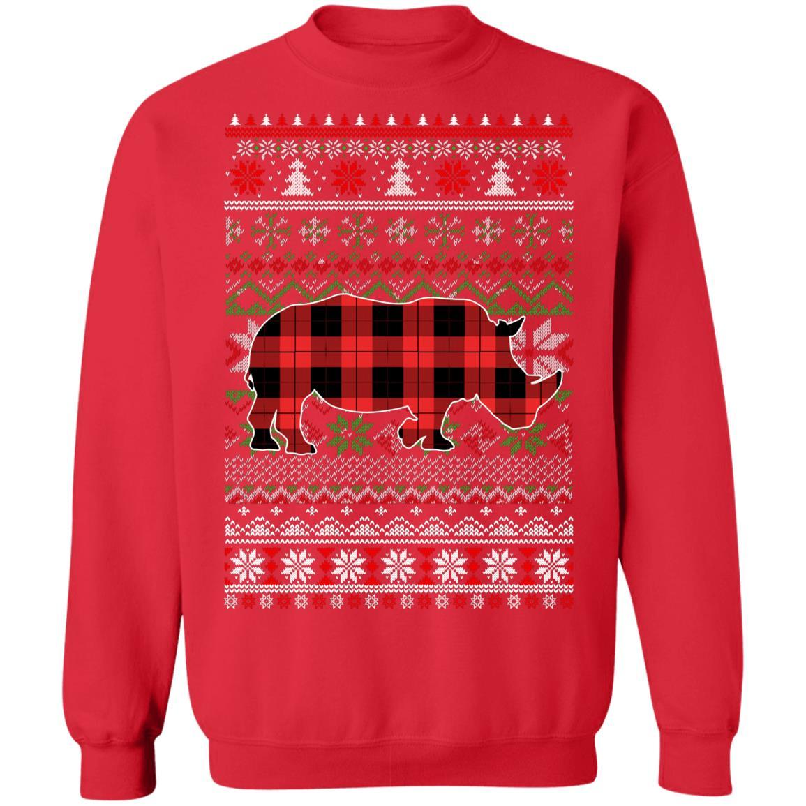 Rhino Red Plaid Ugly Christmas Sweater Funny Gifts-T-Shirt & Sweatshirt-Crewneck Sweatshirt-Red