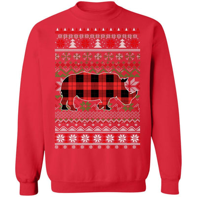 Rhino Red Plaid Ugly Christmas Sweater Funny Gifts-T-Shirt & Sweatshirt-Crewneck Sweatshirt-Red