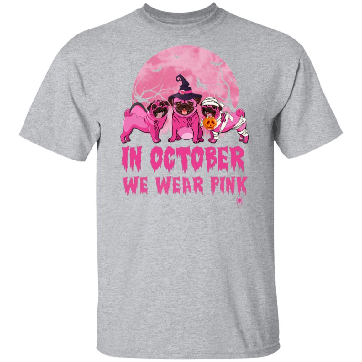 In October We Wear Pink Pugs Halloween Breast Cancer-T-Shirt & Hoodie-Classic T-Shirt-Sport Grey