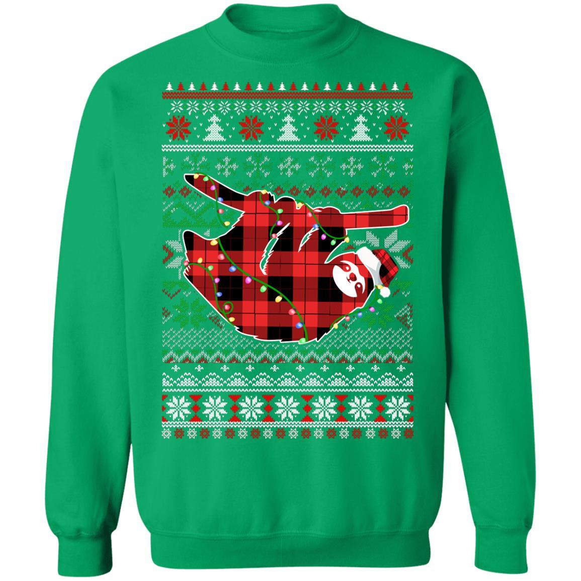 Red Plaid Buffalo Sloth Pajamas Family Christmas Sweater-T-Shirt & Sweatshirt-Crewneck Sweatshirt-Irish Green
