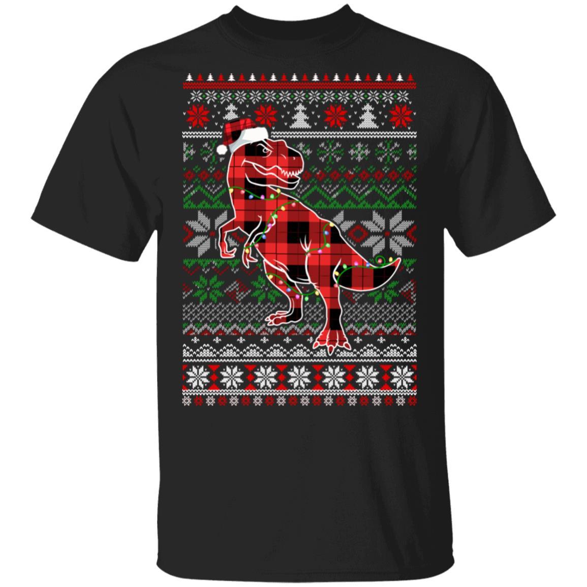 Red Plaid Buffalo T Rex Dinosaur Pajamas Christmas Sweater