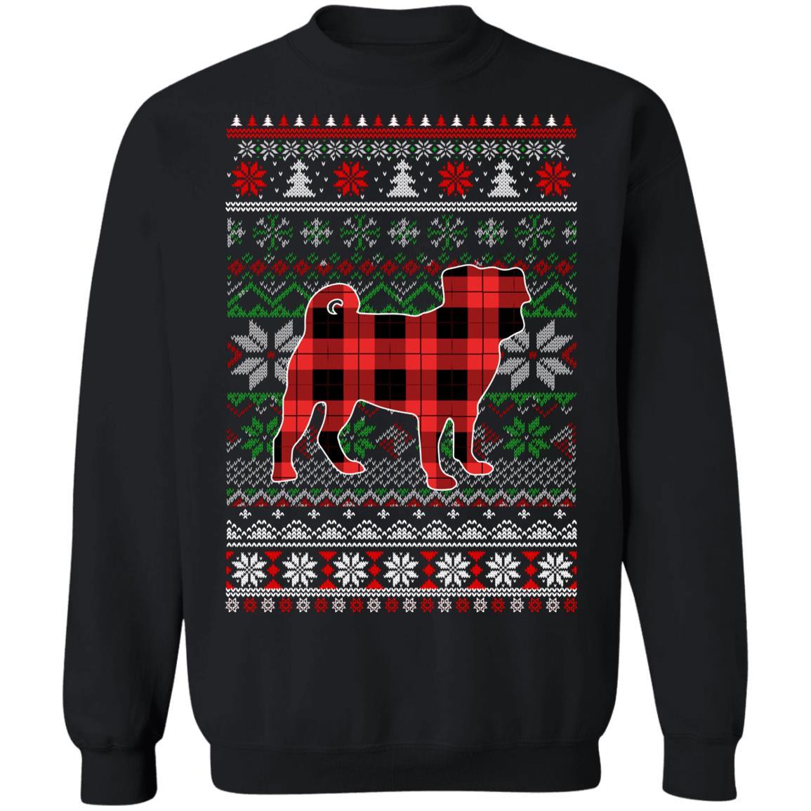 Pug Red Plaid Ugly Christmas Sweater Funny Gifts-T-Shirt & Sweatshirt-Crewneck Sweatshirt-Black