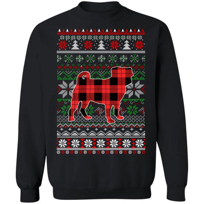 Pug Red Plaid Ugly Christmas Sweater Funny Gifts-T-Shirt & Sweatshirt-Crewneck Sweatshirt-Black