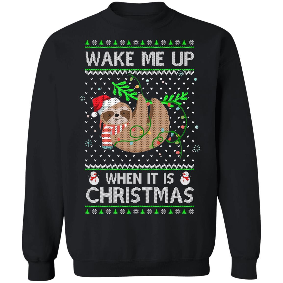 Wake Me Up When It's Christmas Sloth Ugly Christmas Sweater-T-Shirt & Sweatshirt-Crewneck Sweatshirt-Black