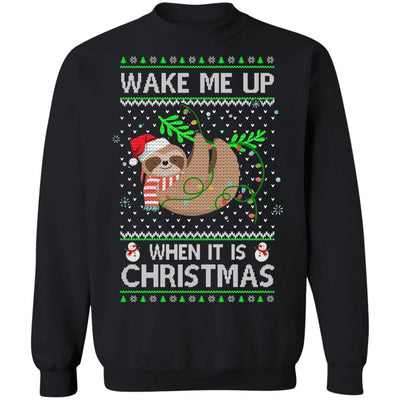 Wake Me Up When It's Christmas Sloth Ugly Christmas Sweater-T-Shirt & Sweatshirt-Crewneck Sweatshirt-Black