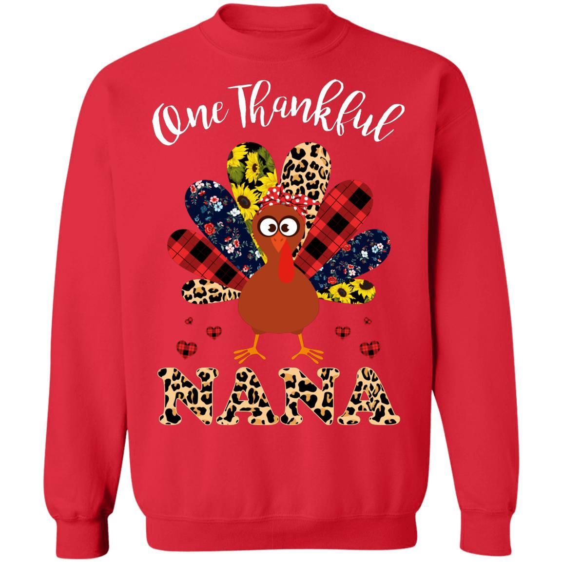 One Thankful Nana Leopard Turkey Thanksgiving Gift-T-Shirt & Sweatshirt-Crewneck Sweatshirt-Red