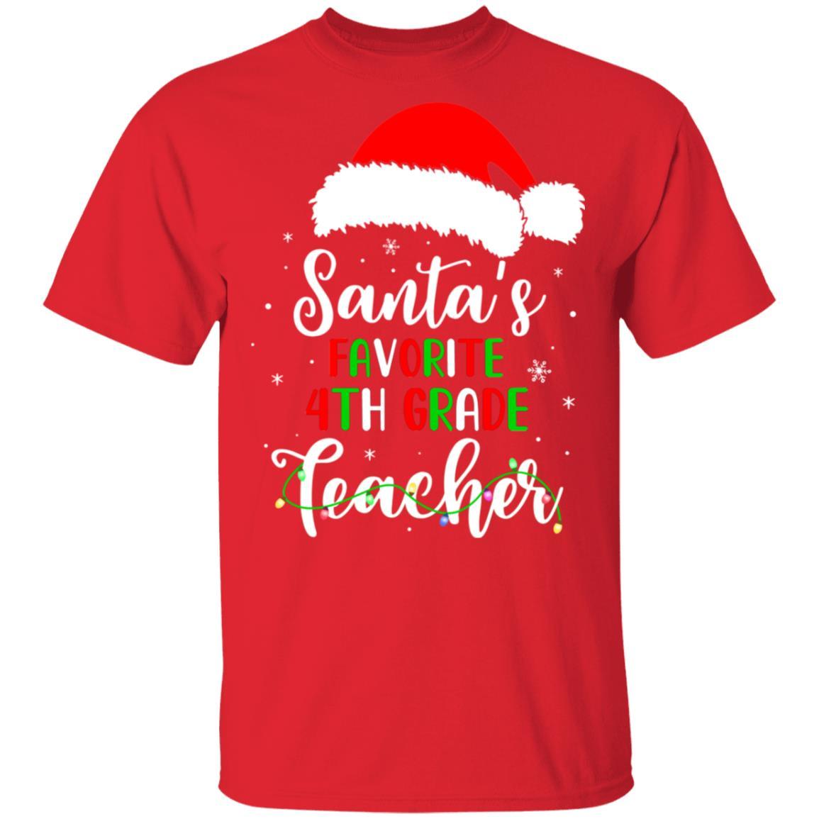 Santa's Favorite 4th Grade Teacher Santa Hat Christmas Light-T-Shirt & Sweatshirt-Classic T-Shirt-Red