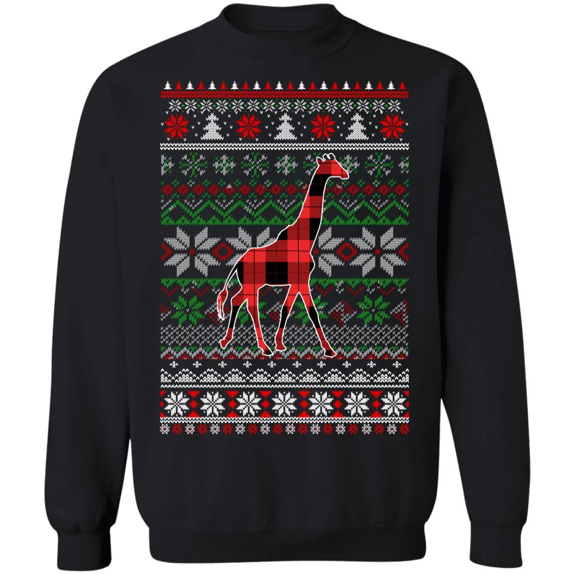 Giraffe Red Plaid Ugly Christmas Sweater Funny Gifts-T-Shirt & Sweatshirt-Crewneck Sweatshirt-Black