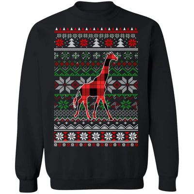 Giraffe Red Plaid Ugly Christmas Sweater Funny Gifts-T-Shirt & Sweatshirt-Crewneck Sweatshirt-Black