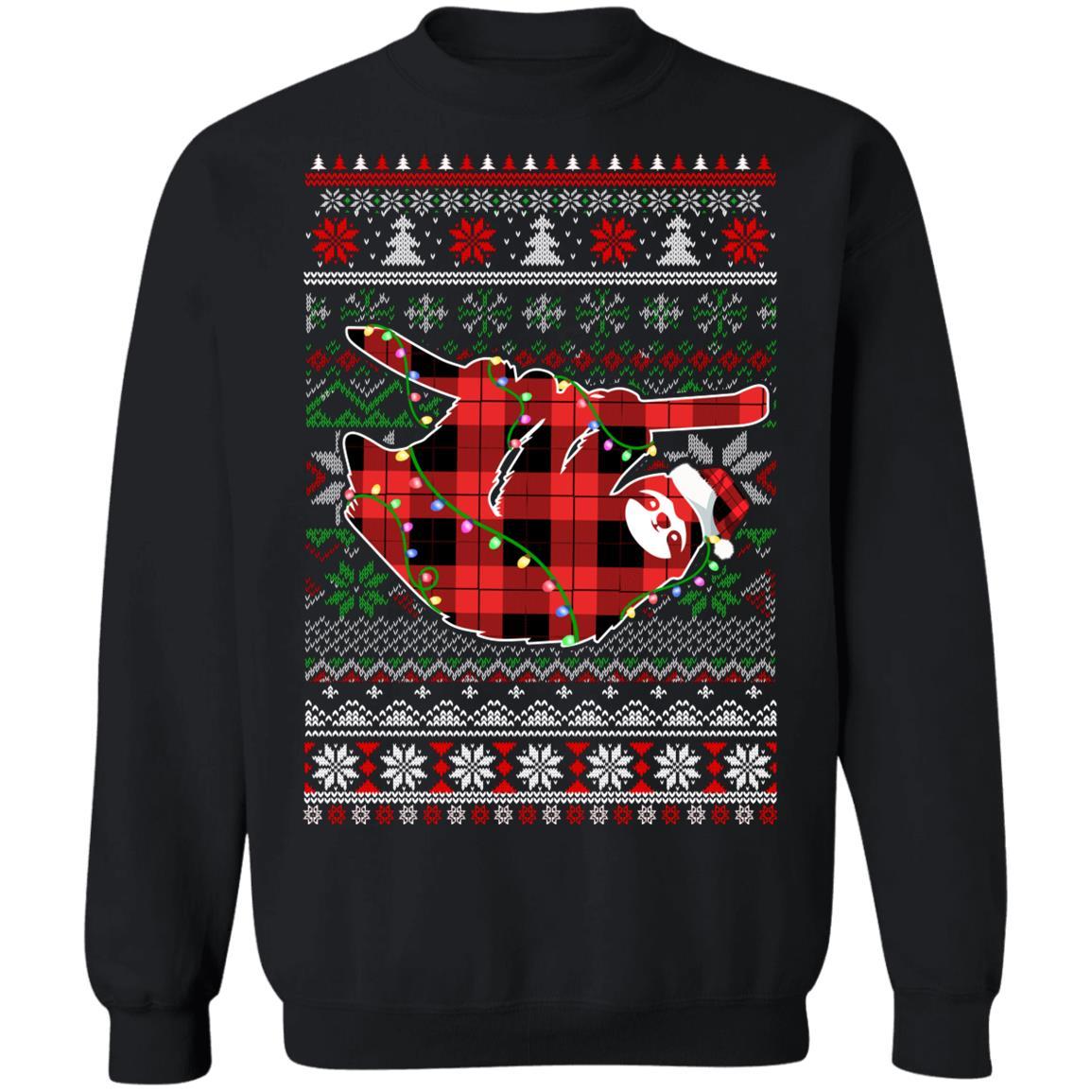 Red Plaid Buffalo Sloth Pajamas Family Christmas Sweater-T-Shirt & Sweatshirt-Crewneck Sweatshirt-Black