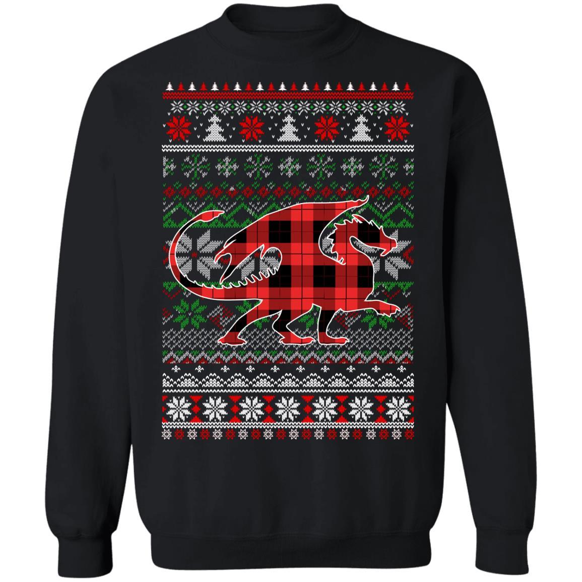 Dragon Red Plaid Ugly Christmas Sweater Funny Gifts-T-Shirt & Sweatshirt-Crewneck Sweatshirt-Black