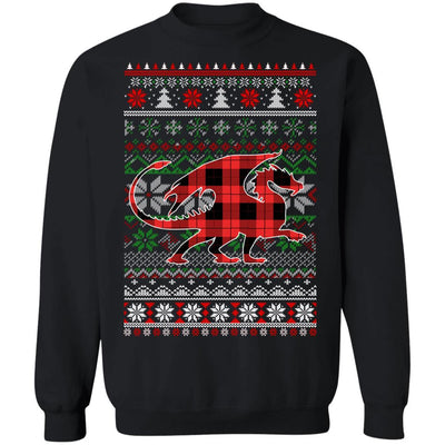 Dragon Red Plaid Ugly Christmas Sweater Funny Gifts-T-Shirt & Sweatshirt-Crewneck Sweatshirt-Black