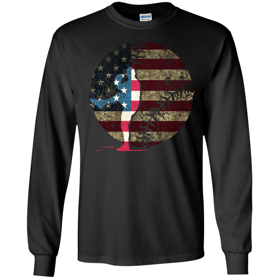 Pitcher Baseball America Flag-T-Shirt & Hoodie-Long Sleeve T-Shirt-Black