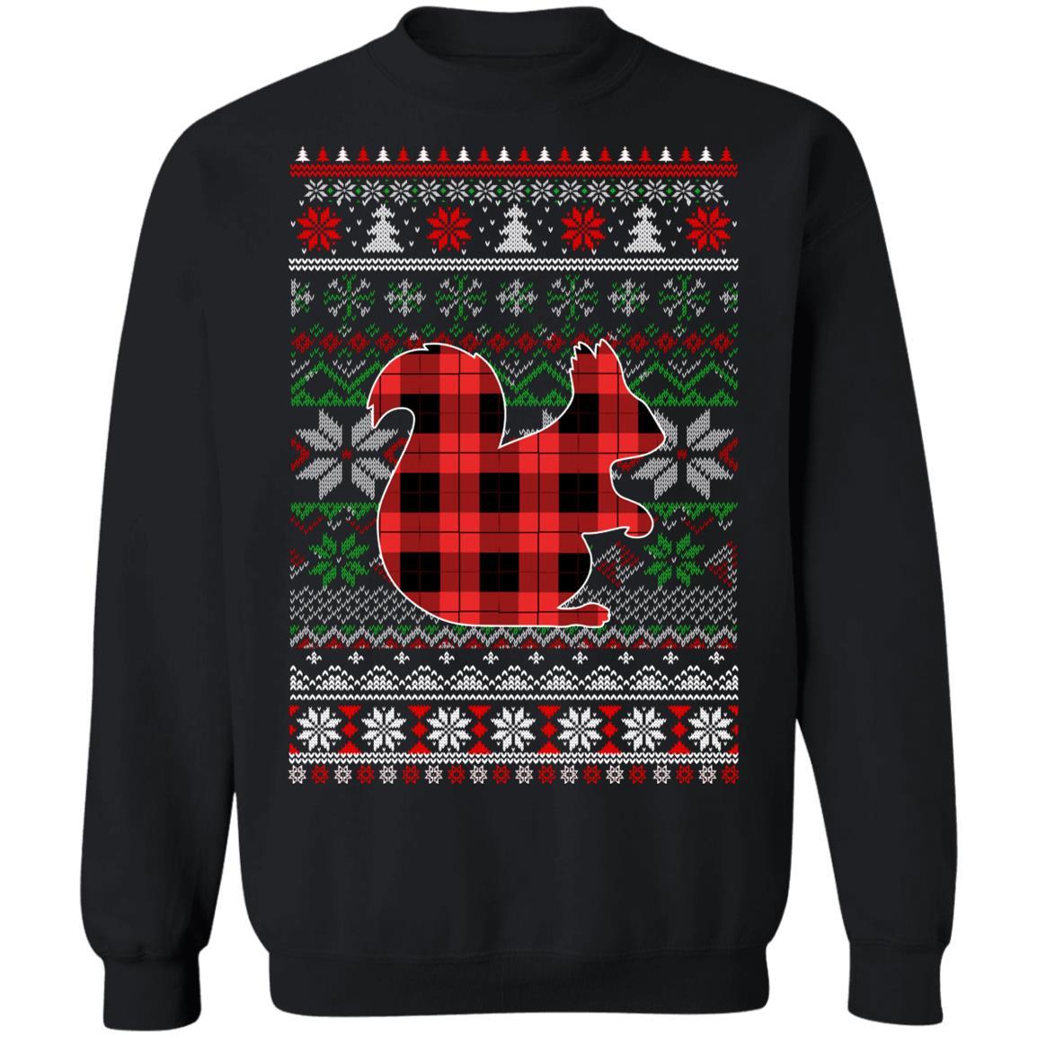Squirrel Red Plaid Ugly Christmas Sweater Funny Gifts-T-Shirt & Sweatshirt-Crewneck Sweatshirt-Black