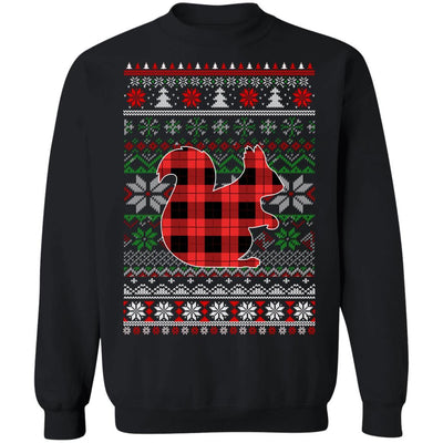 Squirrel Red Plaid Ugly Christmas Sweater Funny Gifts-T-Shirt & Sweatshirt-Crewneck Sweatshirt-Black