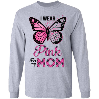I Wear Pink For My Mom Butterfly Breast Cancer Awareness-T-Shirt & Hoodie-Long Sleeve T-Shirt-Sport Grey