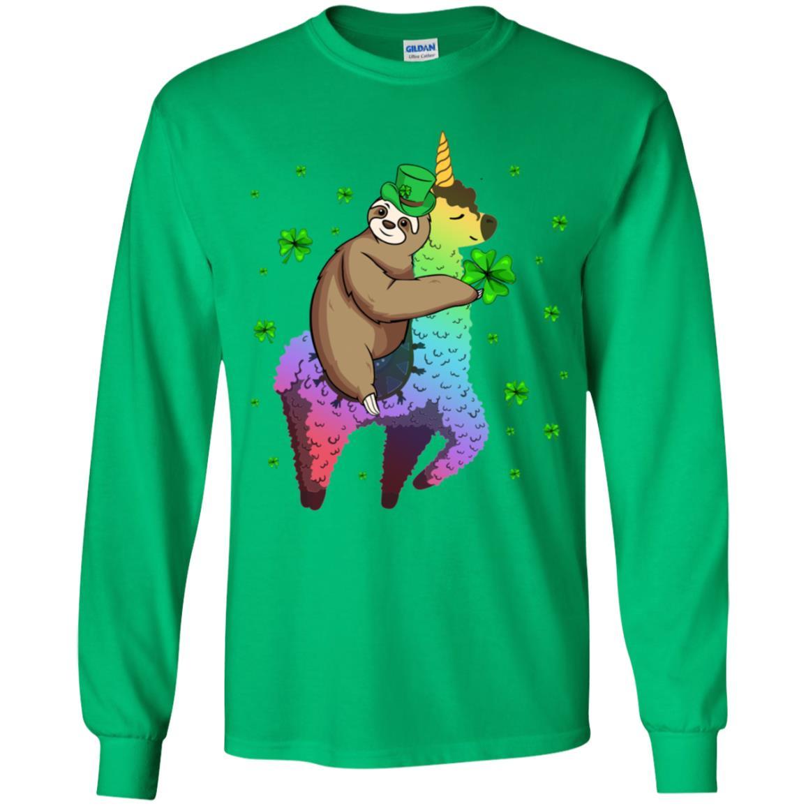 Leprechaun Sloth Riding Llama Unicorn St Patricks Day Youth-Youth Shirt-Youth Long Sleeve T-Shirt-Irish Green