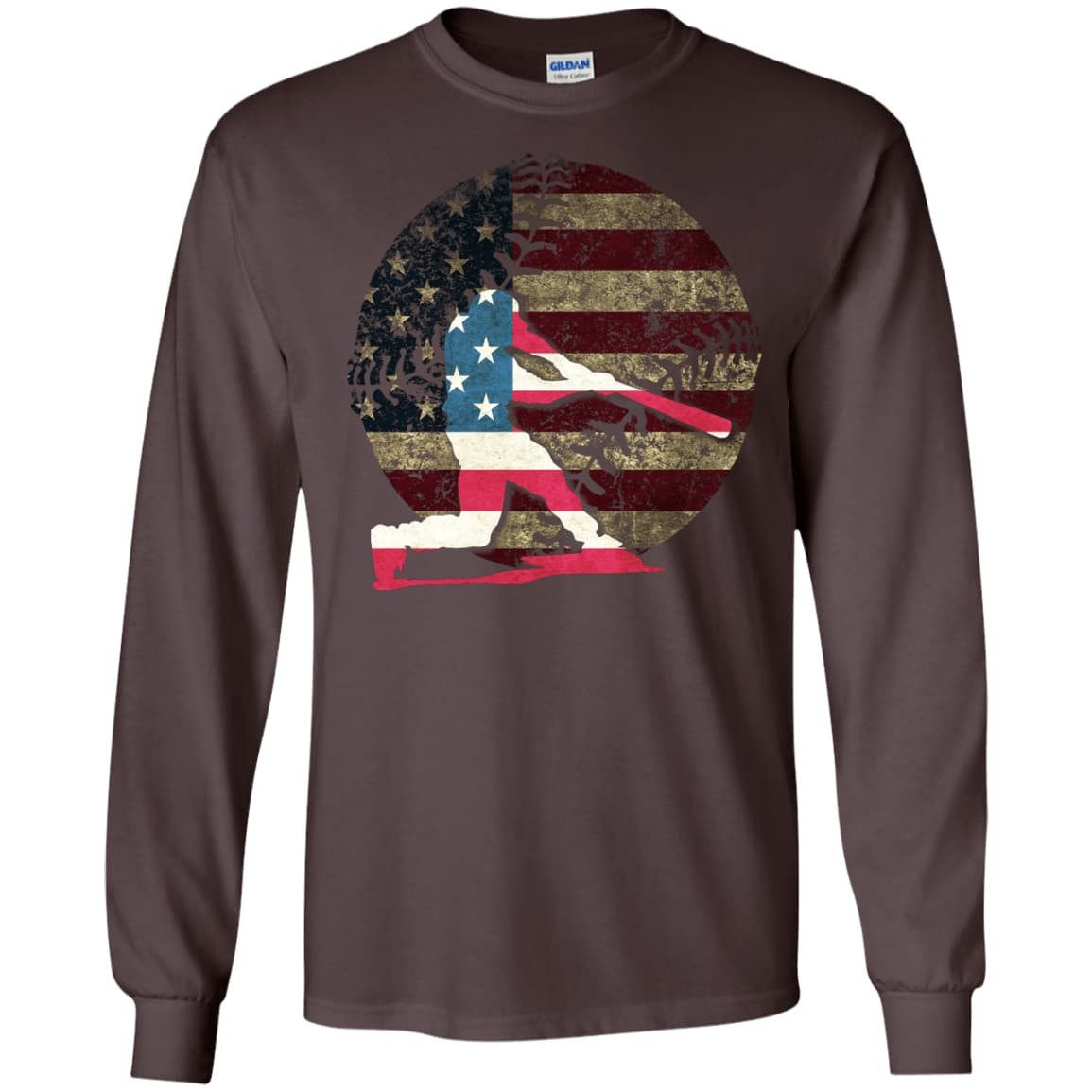 Hitter Baseball America Flag-T-Shirt & Hoodie-Long Sleeve T-Shirt-Dark Chocolate