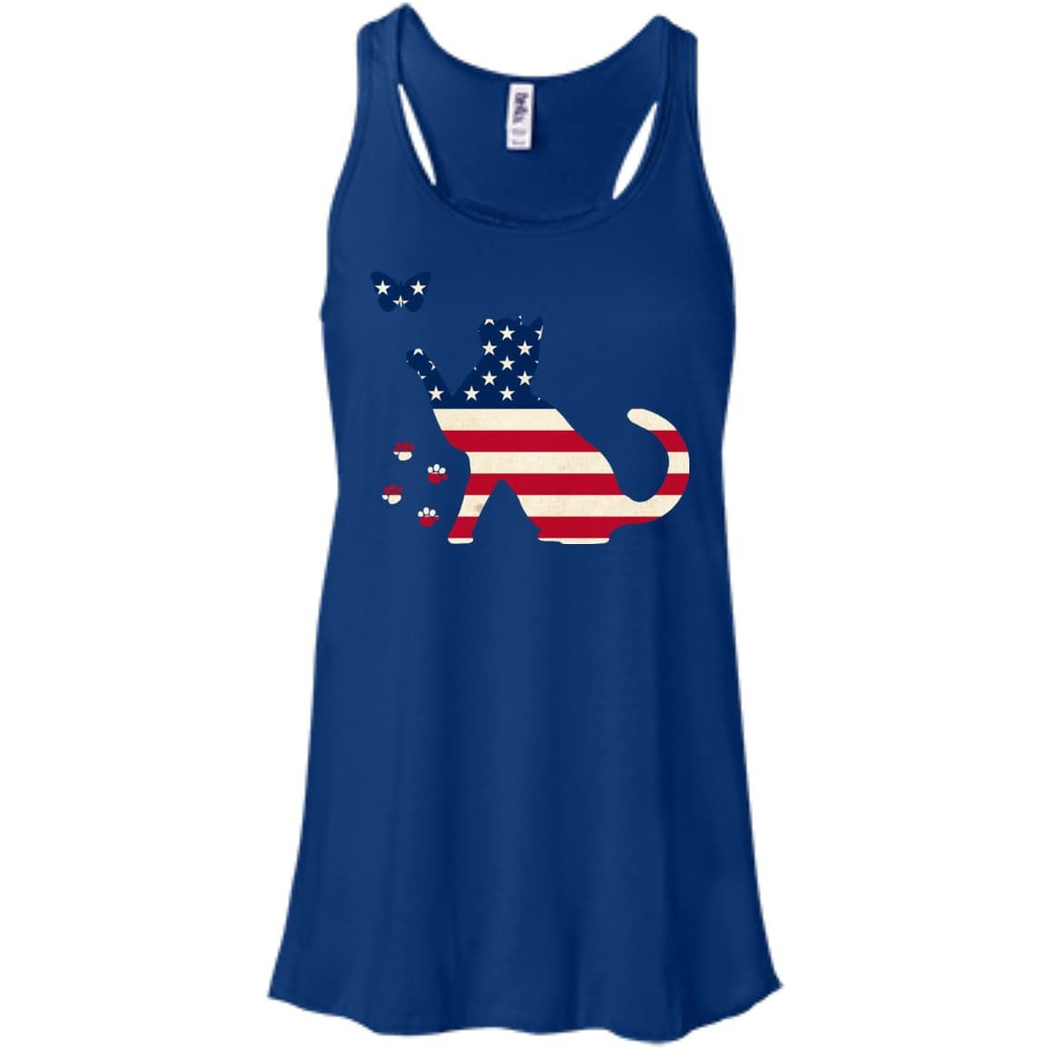 Meowica Cat American Flag 4th of July-T-Shirt & Hoodie-Women's Flowy Racerback Tank-True Royal
