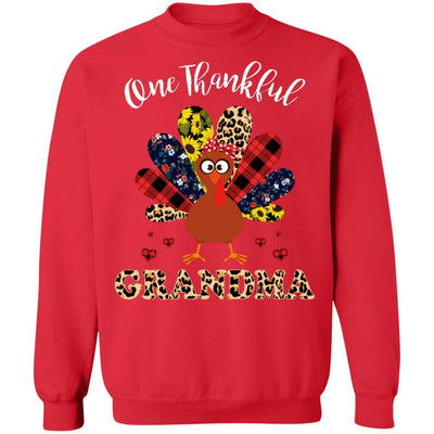 One Thankful Grandma Leopard Turkey Thanksgiving Gift-T-Shirt & Sweatshirt-Crewneck Sweatshirt-Red