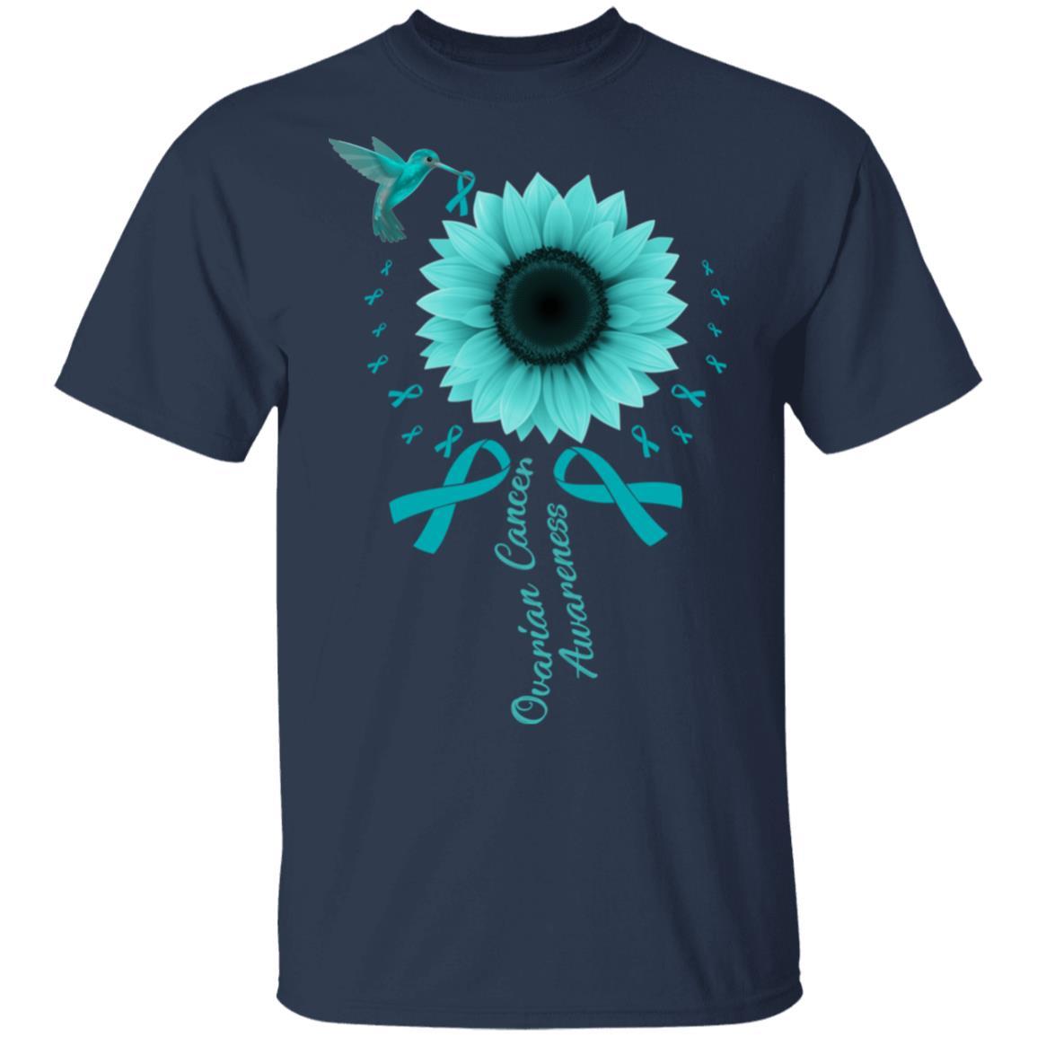 Hummingbird Sunflower Teal Ribbon Ovarian Cancer Awareness-T-Shirt & Hoodie-Classic T-Shirt-Navy
